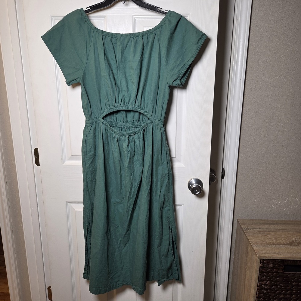 Universal Thread sz L green midi dress boatneck back cutout‎ slits 100% cotton - Picture 4 of 9